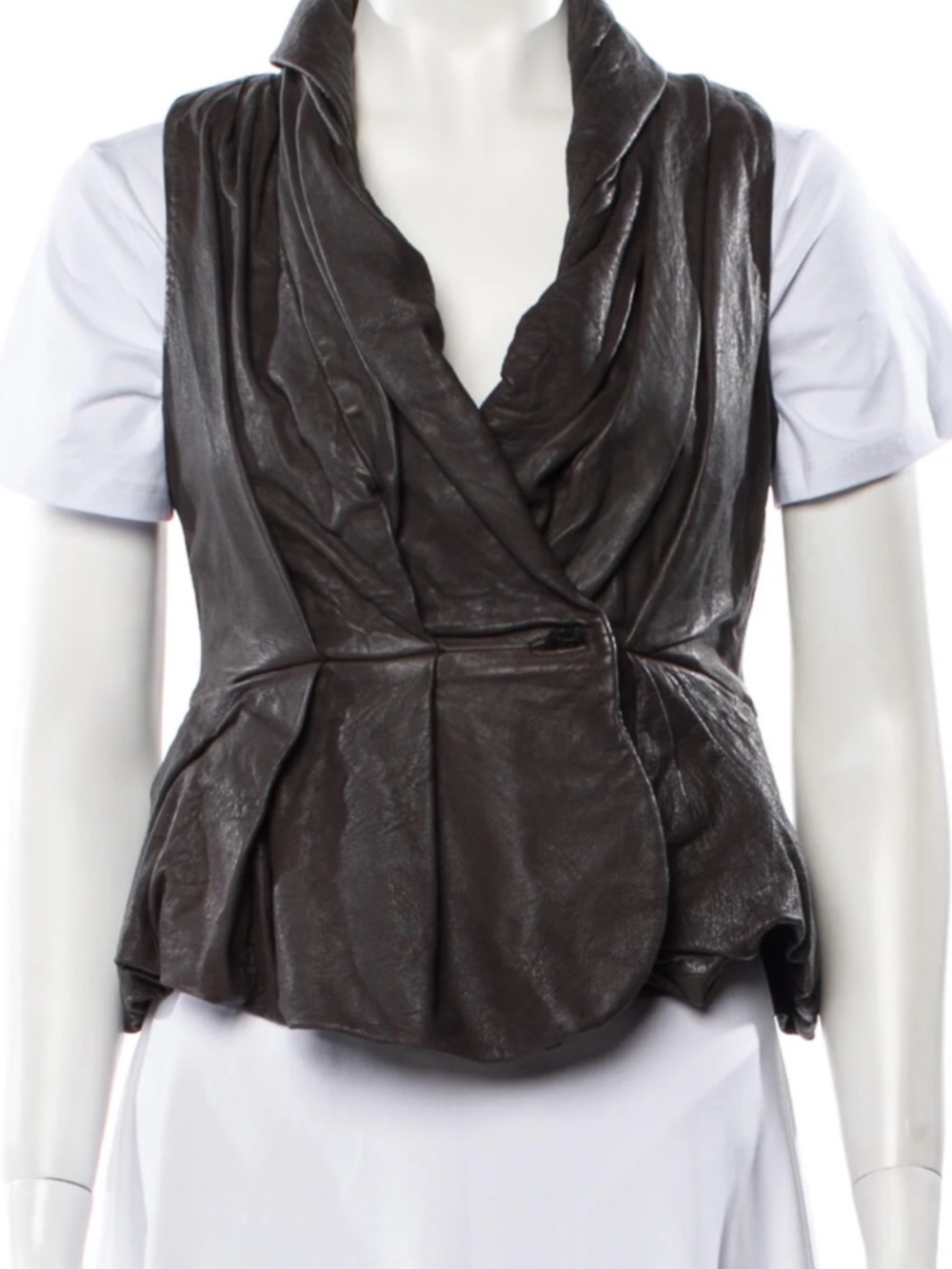 AllSaints Brown Leather Vest with Draped Collar